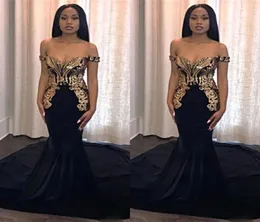 Black Mermaid Prom Party Dresses 2019 med guldapplikationer Elegant Off Shoulder Long African Custom Evening Gowns5891352