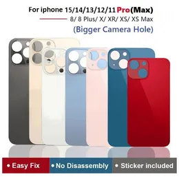 OEM Quality Big Hole Back Glass Housings for iPhone 15 14 13 12 11 Pro Max 8 8plus x xr xsバッテリーリアカバーハウジング付きステッカー