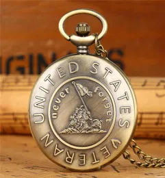 Bronze Erinnere dich an die Geschichte der Geschichte der Vereinigten Staaten Veteran Pocket Watch Frauen Quarz analog Uhren mit Halskette Kette Full Hunter ARA9467947