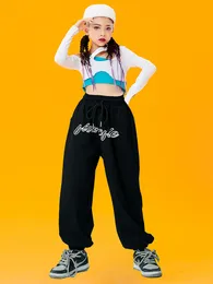 2023 bambini costumi da ballo jazz per ragazze top a maniche lunghe pantaloni neri ampi abiti da danza hip hop danza dqs11525