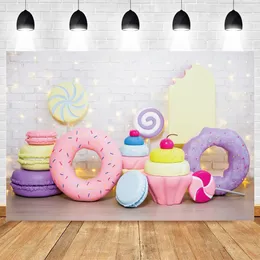 Candy Bar Shop Backdrop för fotografering Glass Donuts Cupcake Lollipop Sweet Baby Birthday Party Bakgrund Kids Photo Studio