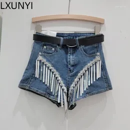 Kvinnors jeans lxunyi tassel bred ben denim shorts kvinnor 2024 sommar tung patch watch work design korta byxor mode cowboy