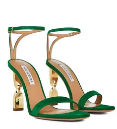 Perfect Aquazzura Twist Sandals أحذية النساء الذهبيات الملتوية الكعوب الزبدة نوب من جلد الغزال الحفلات حفل زفاف سيدة الصيف المصارع الصندل EU35-43 جديد