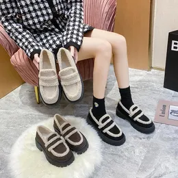 Casual Shoes Lamb Wool and Cashmere Leffer Women's 2024 Winter Corduroy Low Top British Style Versatile Muffin Heel Cotton