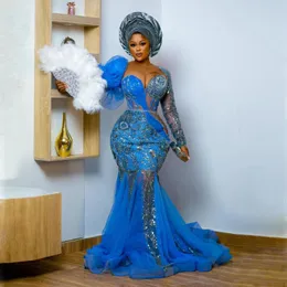 Partykleider Wunderschönes nigerianisches blau Abschlussball Plus Größe Afrikanische Meerjungfrau Perlen Spitzen formelle Anlässe Kleid ASO EBI Hochzeitsempfang Kleid