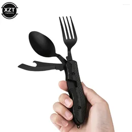 Dinnerware coloca a faca multifuncional dobrável ao ar livre/garfo/colher 4 em 1 aço inoxidável com utensílios de mesa de bolso com garrafa preta