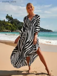 Grundläggande avslappnade klänningar Lorylei svart V-ringning Zebra Stripe Bohemian V-ringad tryckt semester Kaftan klänning för kvinnor 2024 Summer Long Beach Dresses Q1297 L49