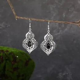 Ethnic Indian Earrings Boho Silver Color Water Drop Hollow Earrings Black CZ Classic Earrings