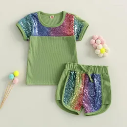 Roupas Conjuntos de 2-7 anos de roupas para meninas para meninas 2024 Verão Glitter Senhores de manga curta Camiseta