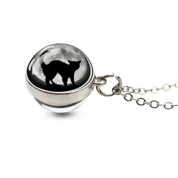 Black Cat Necklaces Animal Glass Ball Double Sided Pendant Silver Color Chains Necklace for Women Men Cat Halloween Jewelry Gift