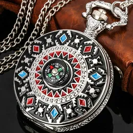 Pocket Watches Relief Art American Southwest Cross Totem Design Quartz Pocket Necklace Pendant Steampunk Fob Chain Clock med Compass Y240410