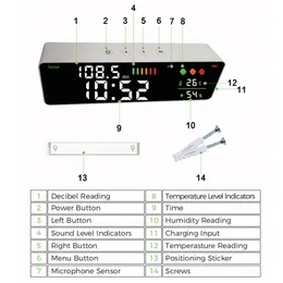 Decibel medido de parede de dienmern com tuya wifi para medir a temperatura do produto e umidade do relógio do medidor de nível de ruído do nível de ruído