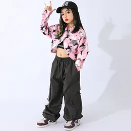 Modern Dance Clothes for Kids Pink Crop Coat Loose Cargo Pants Girls Kpop Jazz Street Dance Outfit Hip Hop Costume Rave Wear