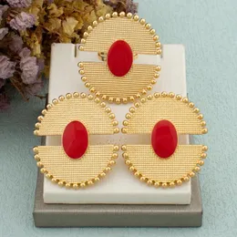 Necklace Earrings Set Brazilian Gold Color Jewelry For Women African Fashion And Rings Red Stone Party Wedding Accessories Gifts