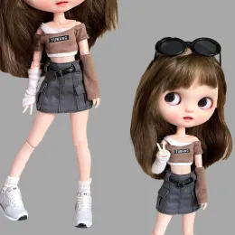 Nova chegada Blythe Doll Roupos Impresso T-shirt e saia jeans com cinto para Blyth Licca OB24 Dolls Roupas