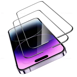 2pcs 9h Ultra Stud Hough Glass Film Protector مع إطار أسود لـ iPhone 14 13 12 11 Pro Max XR XS Max 7 8 Plus