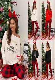 أزياء Womens 2 قطعة مجموعة من الأكمام الطويلة الأكمام طويلة عيد الميلاد المطبوعة pulver plaid السراويل السراويل للسيدات ترفيه