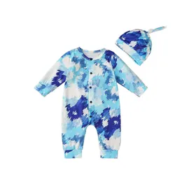 Baby Boy Kit nyfödda barn spädbarn Baby Boys Girls Long Sleeve Tie Dye Patchwork Romper Jumpsuit med Hat Outfits Set 7t S Set