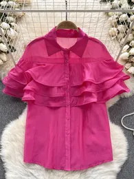 Women's T Shirts 2024 Summer French Short Sleeved Shirt Ruffle Edge Fashion Versatile Solid Color Top A10