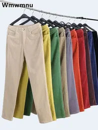 Mãe do escritório Corduroy calça reta Mulheres Eleagnt High Caist Pantalones formais Grande tamanho 35 OL Spodnie Classic Troushers Broek 240411