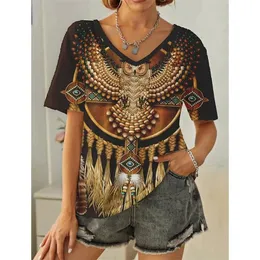 Aztec Western Thrik Style T-Shirt 3D Print Feather Tribal Graphic T Chirts Women Retro Y2K Top Streetwear Harajuku v-Neck Tees