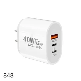 40W 3A 3 portar mobiltelefonladdare Dual PD Typ C Wall Charger Snabb laddning Kraftadaptrar för Samsung S20 S22 UTRAL HTC Xiaomi Huawei 848DD