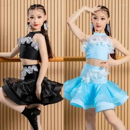 Scen Wear Blue Black Latin Dance Competition Clothes for Girls Sleeveless Samba Costumes Children's Dancing Dresses SL10059