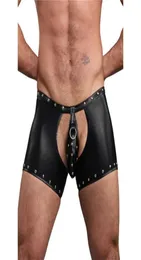 Calcinha feminina Men sexy rebite shorts de couro faux calça masculino látex pvc bondage aberta as leggings de laços de fetish cb wear9498531