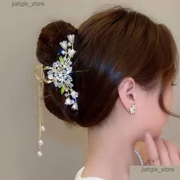 헤어 클립 Haimeikang Rhinestone Tassel Claw Golden Bow Flower Clip Hairpin elegan 포니 테일 패션 액세서리 DROP OTUC7