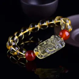 Bracelete de quartzo de citrina natural Homens homens oblongos femininos xiu /pi yao riqueza linha de cristal linha de mão vermelha bead de ágata