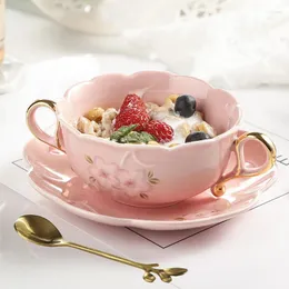 Cups Saucers Nordic Ceramic Retro Embossed Cherry Blossom Coffee Cup With Spoon Dessert Dish Milk Tea Soup Bowl Binaural Steamed Egg