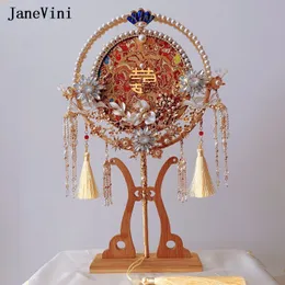 Janevini Luxury Gold Gold Double Circle Bridal Bouquet Fan Bordado Longo Handelado Fan Crystal Pearls Acessórios de casamento