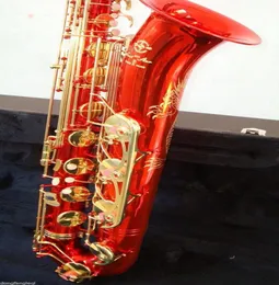Nuovo sassofono baritono superficie rossa unica modella di drago cinese splendidamente scolpita con un tasto F basso può personalizzare logo1415126
