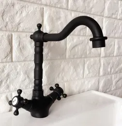 Bathroom Sink Faucets Black Oil Rubbed Brass Swivel Spout Double Cross Handles Kitchen Bar Vessel Basin Faucet Mixer Tap Anf342
