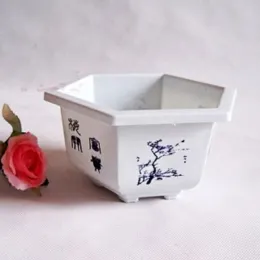 Tepsiyle 1 adet altıgen plastik porselen benzeri flowerpot, deforme edilmesi kolay değildir Bonsai Özel Yeşil Bitki Klasik İç Mekan