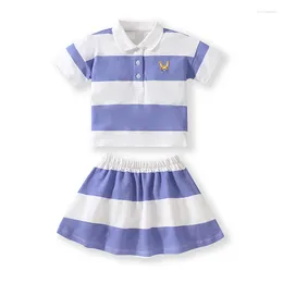 Clothing Sets Little Maven Girls Polo Neck Skirt Casual Striped White Blue Summer Kids Clothes Set Boutique Outfits Cotton