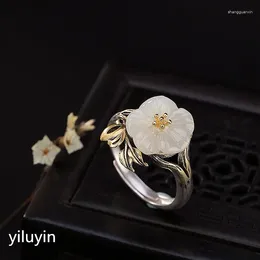 Кластерные кольца kjjeaxcmy бутик-ювелирные украшения S925 Стерлинговое серебро позолоченное натуральное хетанское белое нефрито