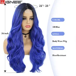 Wigne 1b blå peruk kroppsvåg syntetiska hår spetsar peruker för kvinnor cosplay peruk långa naturliga dagliga liv peruker till försäljning clearance