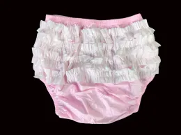 Trousers Haian Adult Frilly Plastic Rumba Incontinence Pullon Plastic Pants Color Baby Pink With White Frilly