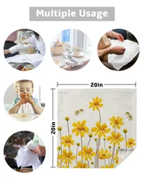 Watercolor Yellow Flowers Bees Table Napkins Set Dinner Handkerchief Towel Napkins Cloth for Wedding Party Banquet