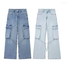 Женские джинсы груз с поясными петлями женщин в середине риса большие карманы джинсовые брюки шикарные брюки Lady High Street Женская одежда 2024