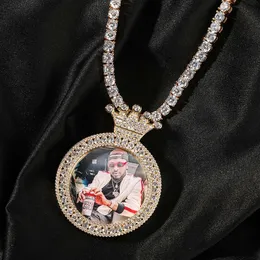 Top qualidade Hip Hop Crown Photo personalizado Round Pingente White Gold Color Copper Bling Cubic Zirconia Personalidade DIY Picture Memorial CZ Jóias de pedra para homens