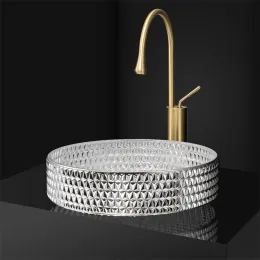 40 cm runde Badezimmer Glaswaschbecken Kristall Hotel Luxus zylindrisch goldene Arbeitsplatte Waschbecken Silbergefäß Waschbecken Wasserhahn Sets
