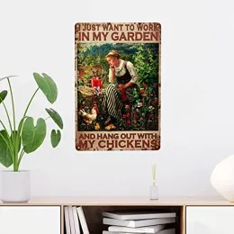 Girl Farm Chicken Metal Tin Sign vill bara arbeta i min trädgård och umgås med kycklingens affischvägg för barkaffe 8x12 i