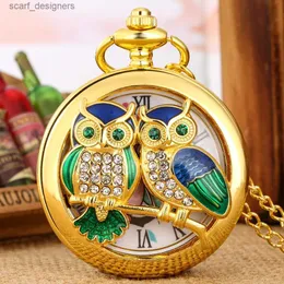 Pocket Watches Charmig Diamond Set Luxury Owl Gold Handicraft Art Hollow Quartz Pocket Necklace Sweater Pendant Chain Clock Y240410