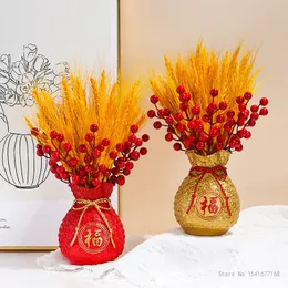 Золотая пшеничная высушенная цветочная ваза, денежная сумка, фрукты, удача, слово, домашнее украшение, праздничное открытие, новая церемония, 1pc