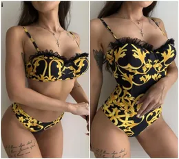 Women Gold Flower Swimwear Bikini Set Push Upswimsuit Bareding Abita da nuoto5214782