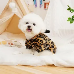 Dog Apparel Clothes Fashionable Leopard Print Pet Jumpsuit Winter Warmth With Plush Ear Hat Stylish Overall For Weather Warm