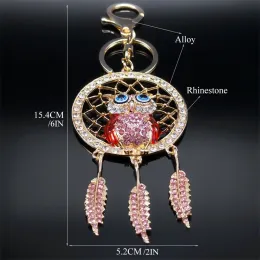 Animal Owl Dream Catcher Key Chain for Women Rhinestone Metal Gold Color Dreamcatcher Keychain Bag Accessories Jewelry K9034S01