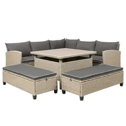 6-Piece Patio Furniture Set Outdoor Wicker Rattan Sectional Sofa with Table and Benches for Backyard, Garden, Poolside